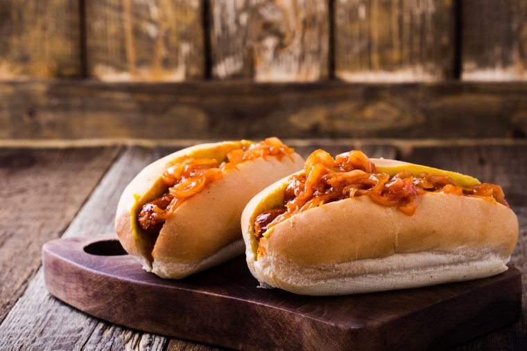 new york style hot dog with pushcart sauce made with caramelized onions, ketchup and brown sugar