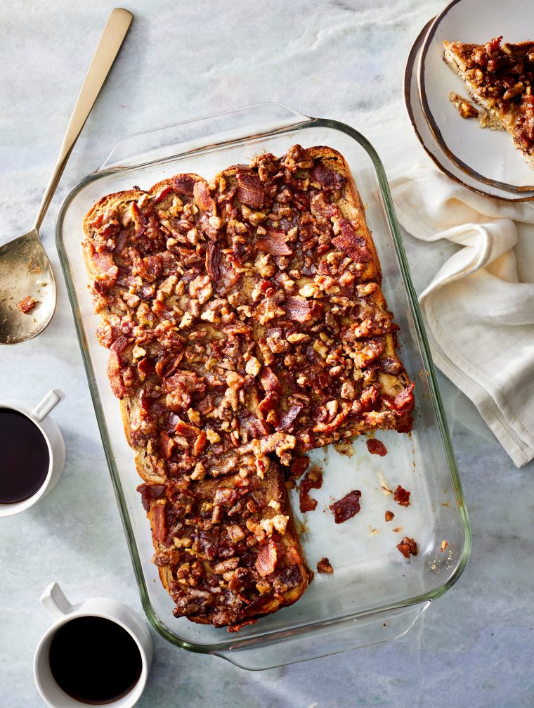 Baked French Toast Casserole with bacon pecan topping